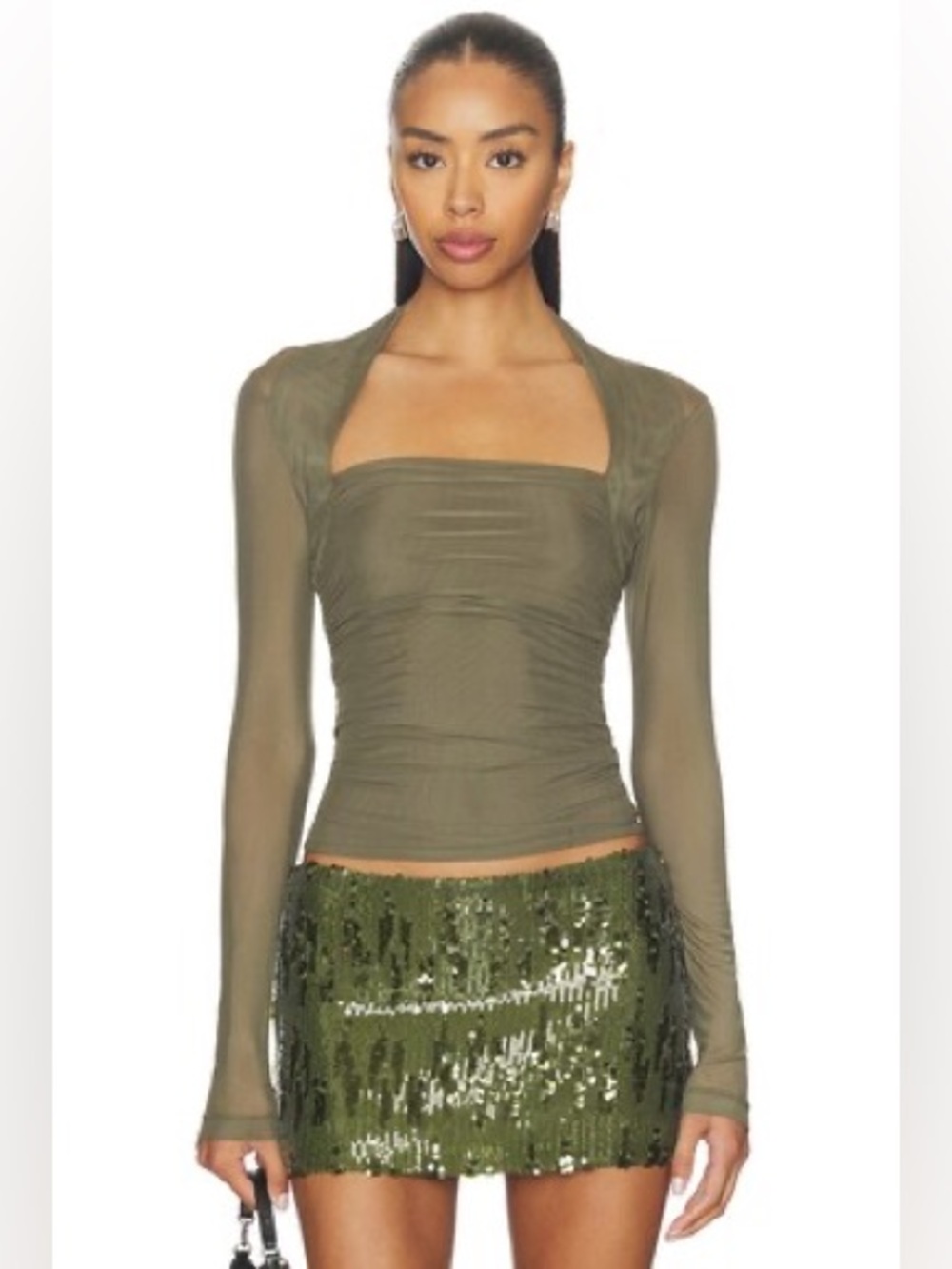 NEW AMANDA UPRICHARD Delilah Top Olive Green Mesh Long Sleeve Sizes XS & S